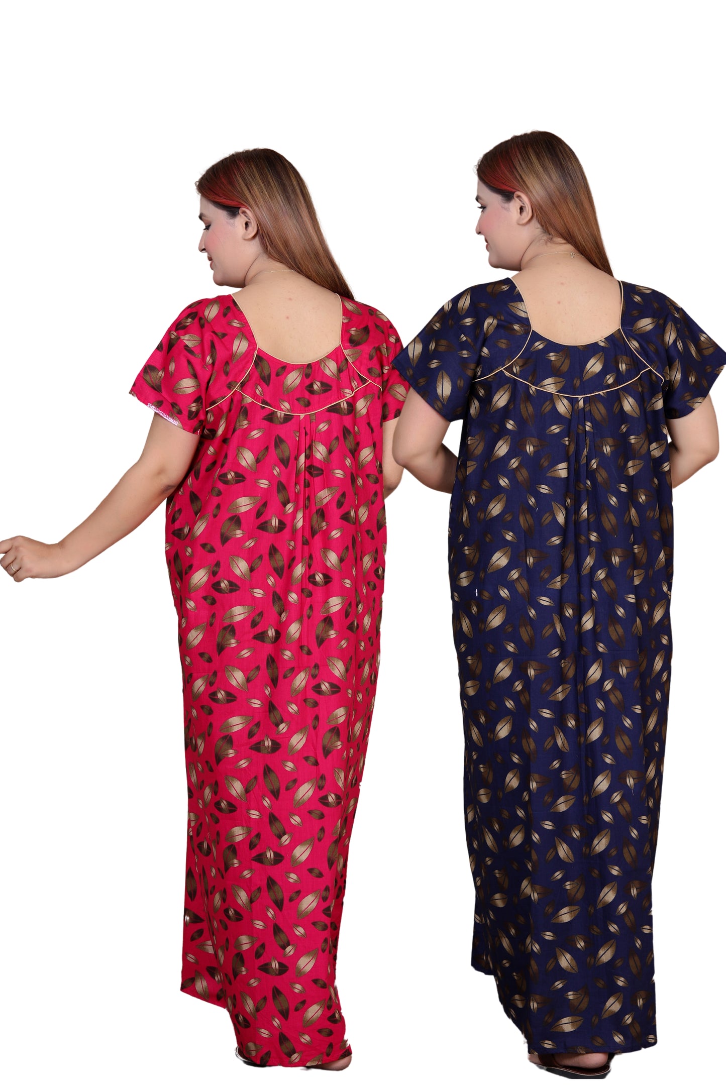 Short Sleeves Nightgown for Women, Cotton, Full Length,  (XL, Navy Blue, Dark Pink)