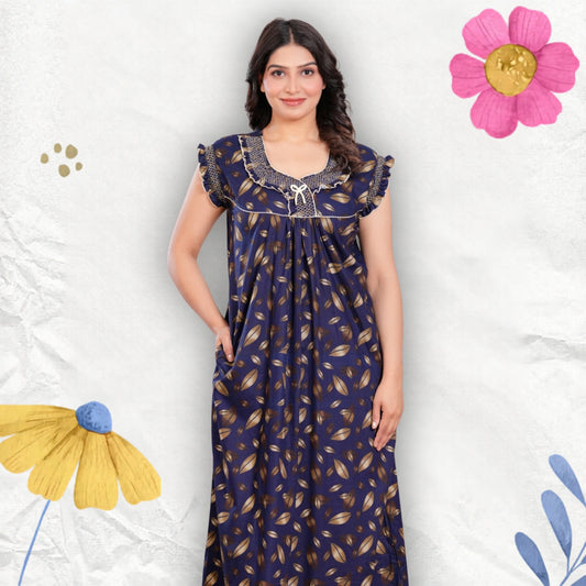 HARGUN NIGHT WEAR Women's Elegant Cotton Nightgown with Pocket & Embroidered Neck Design (Navy Blue, Free Size)