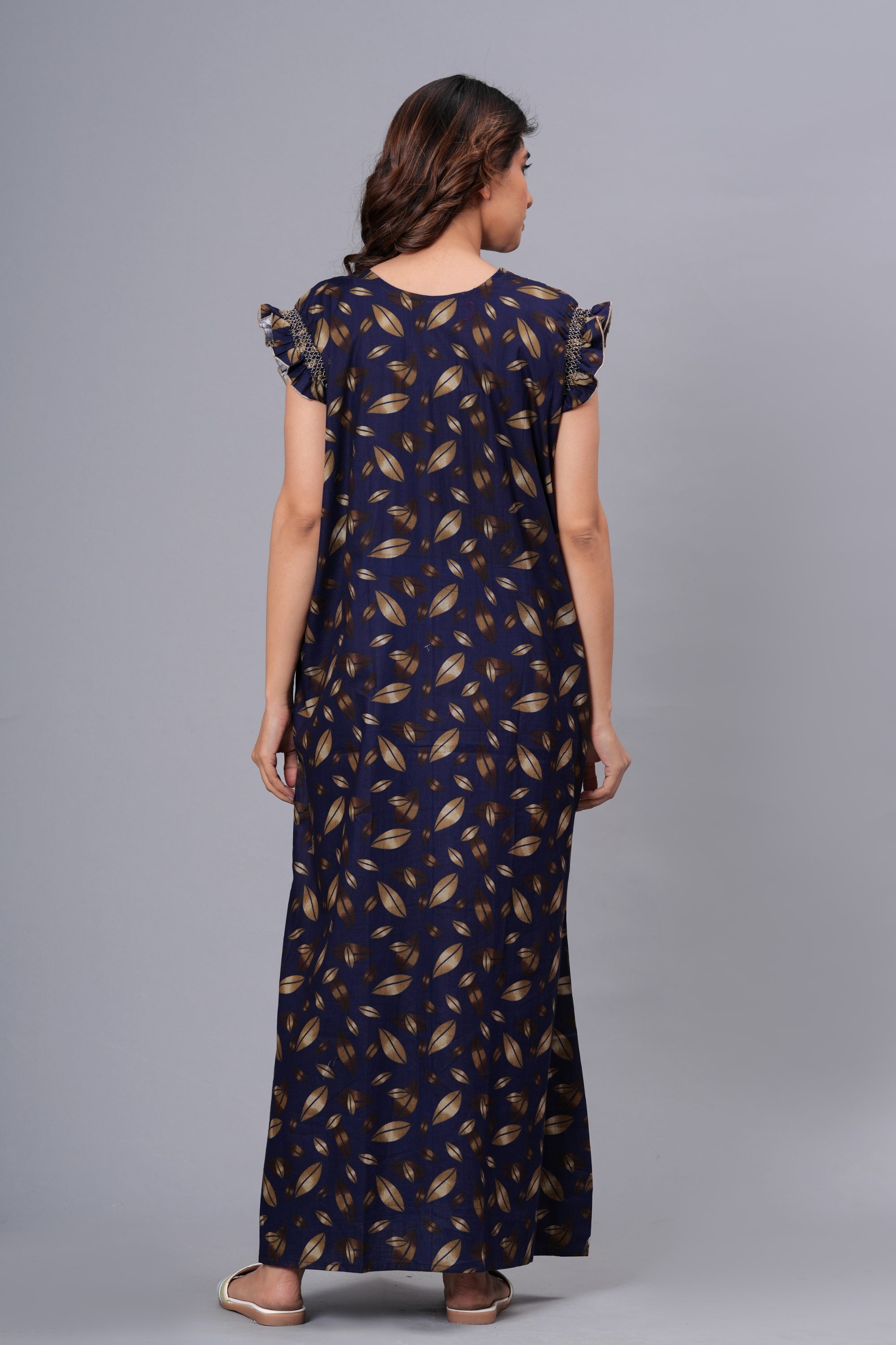 HARGUN Cotton Nightgown, Floral Print, Short Flutter Sleeves, Navy Blue and Gold, Full Length with Pockets (Combo, Free Size)