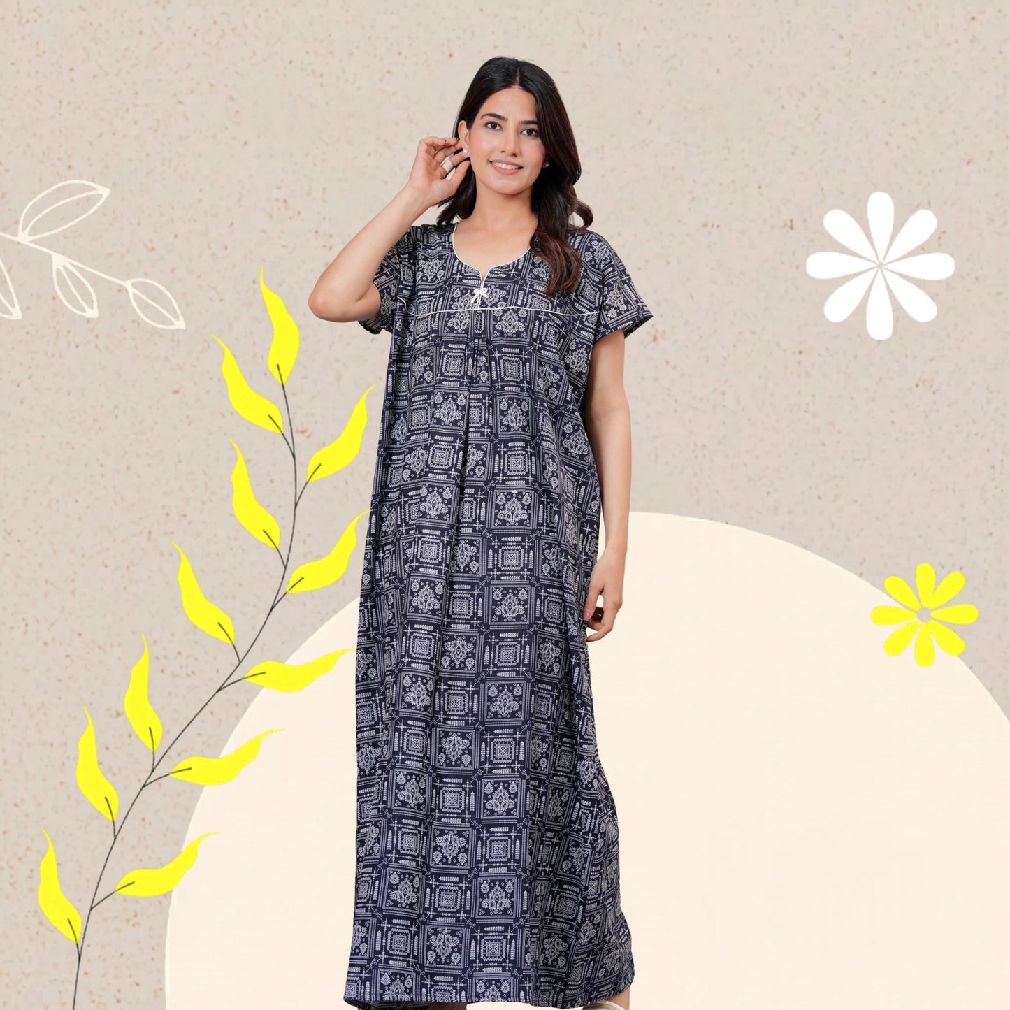 Women's Cotton Maxi Nighty, Geometric Print, Short Sleeve, Full Length Night Dress (Navy Blue, XL)