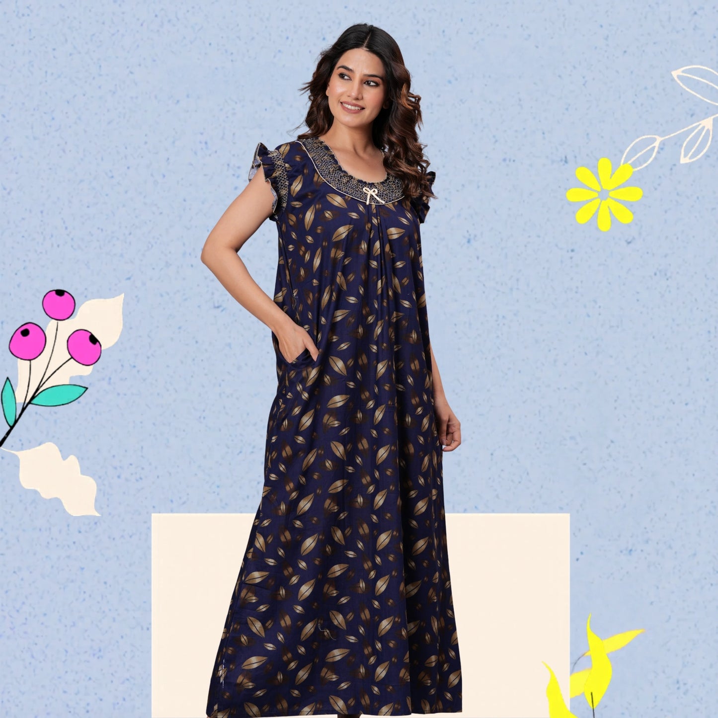 HARGUN NIGHT WEAR Women's Elegant Cotton Nightgown with Pocket & Embroidered Neck Design (Navy Blue, Free Size)