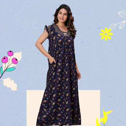 HARGUN NIGHT WEAR Women's Elegant Cotton Nightgown with Pocket & Embroidered Neck Design (Navy Blue, Free Size)