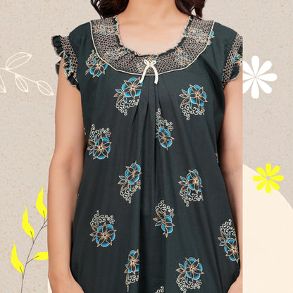 HARGUN NIGHT WEAR Cotton Nightgown for Women | Stylish Nighty Maxi Nightwear Floral Gown for Women Night Wear with Pocket (Green, XL)