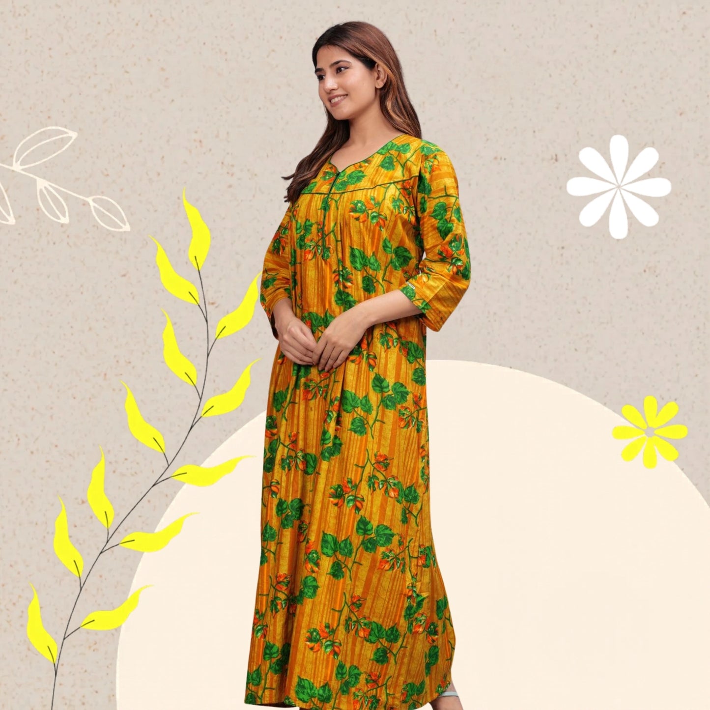 Full Sleeves Nighty Cotton Nightgown for Women(Yellow, Pack of 1)