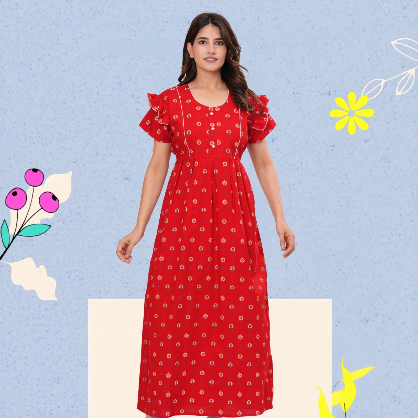 Women’s Pure Cotton Maxi Nighty – Soft Printed Night Dress for Daily Comfort