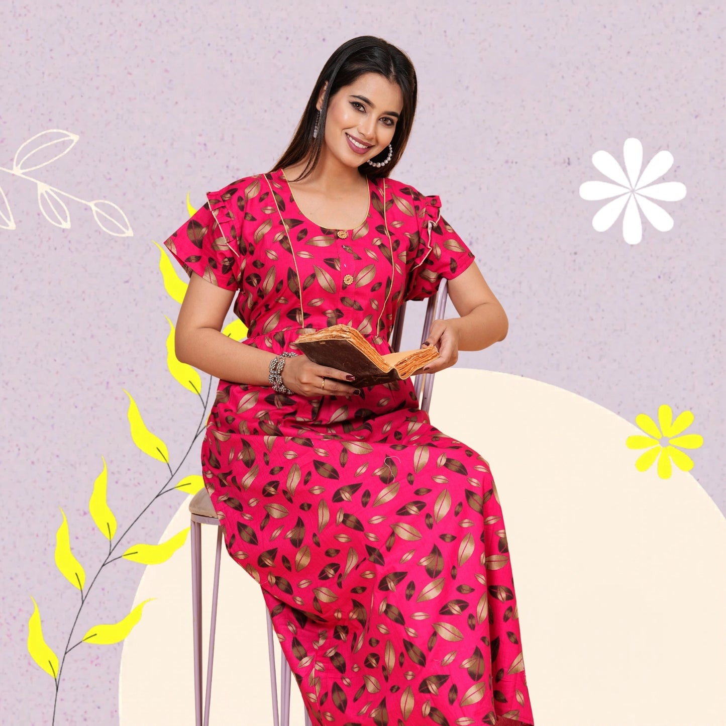 Women Cotton Maxi Floral Print Nightgown (Dark Pink/Raani Pink)