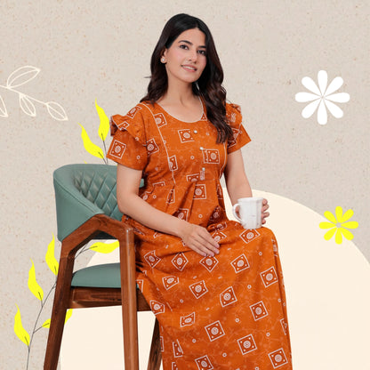 HARGUN NIGHT WEAR Women's Cotton Maxi Nighty, Printed, Ruffle Sleeves, Round Neck, All Day Comfort (MUSTERD, XL)