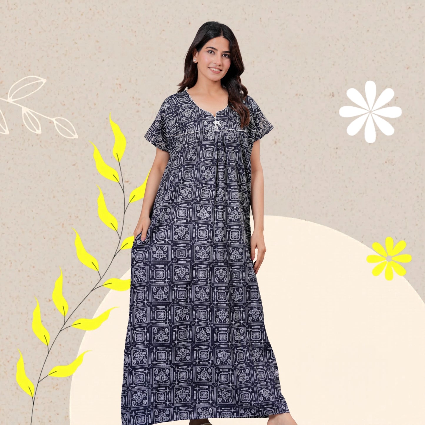 Women's Cotton Maxi Nighty, Geometric Print, Short Sleeve, Full Length Night Dress (Navy Blue, XL)