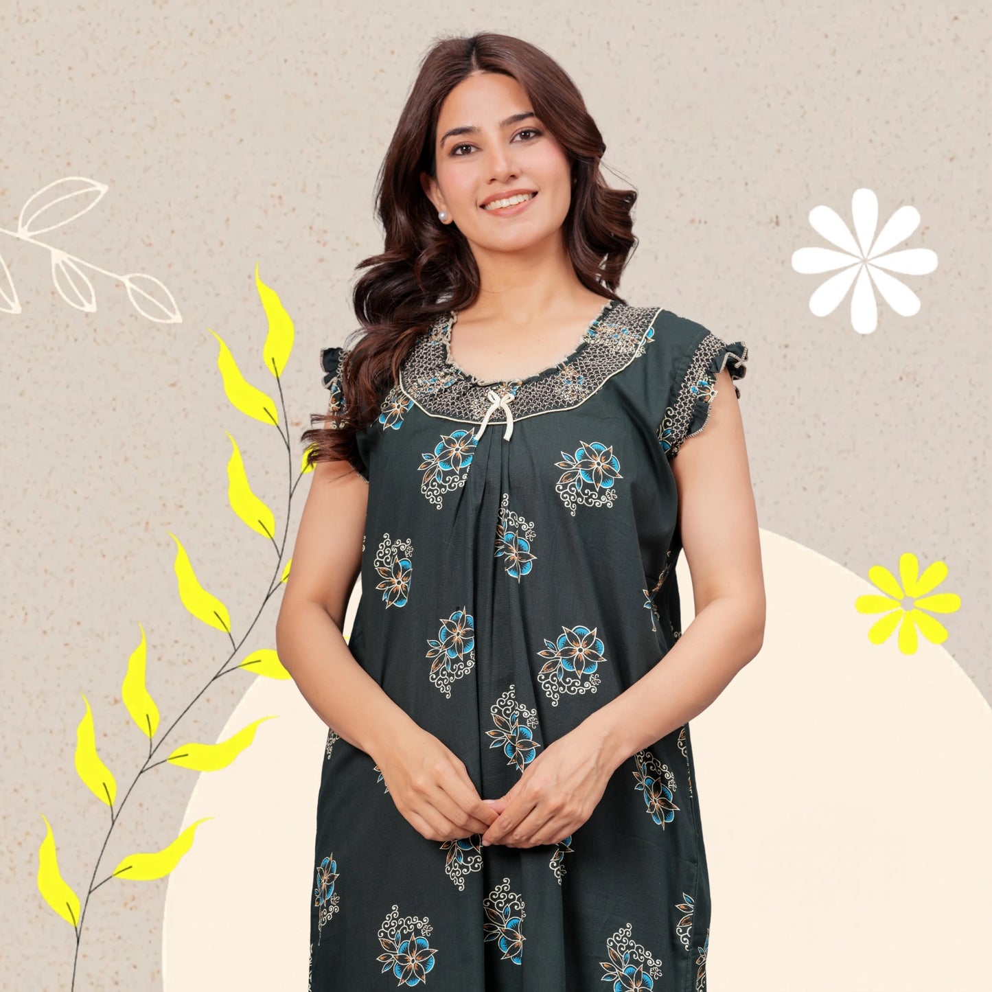 HARGUN NIGHT WEAR Cotton Nightgown for Women | Stylish Nighty Maxi Nightwear Floral Gown for Women Night Wear with Pocket (Green, XL)