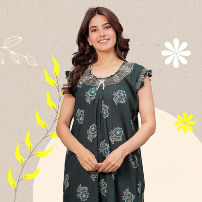 HARGUN NIGHT WEAR Cotton Nightgown for Women | Stylish Nighty Maxi Nightwear Floral Gown for Women Night Wear with Pocket (Green, XL)
