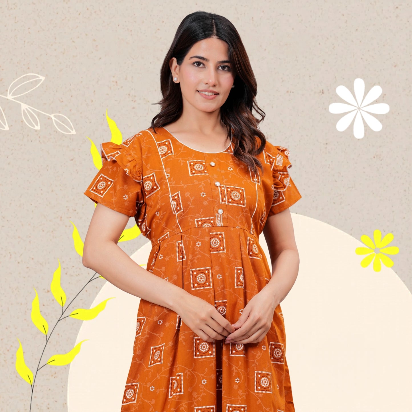 HARGUN NIGHT WEAR Women's Cotton Maxi Nighty, Printed, Ruffle Sleeves, Round Neck, All Day Comfort (MUSTERD, XL)