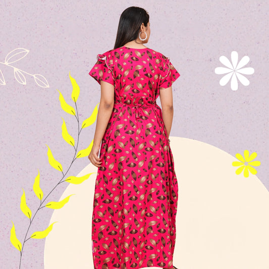 Women Cotton Maxi Floral Print Nightgown (Dark Pink/Raani Pink)