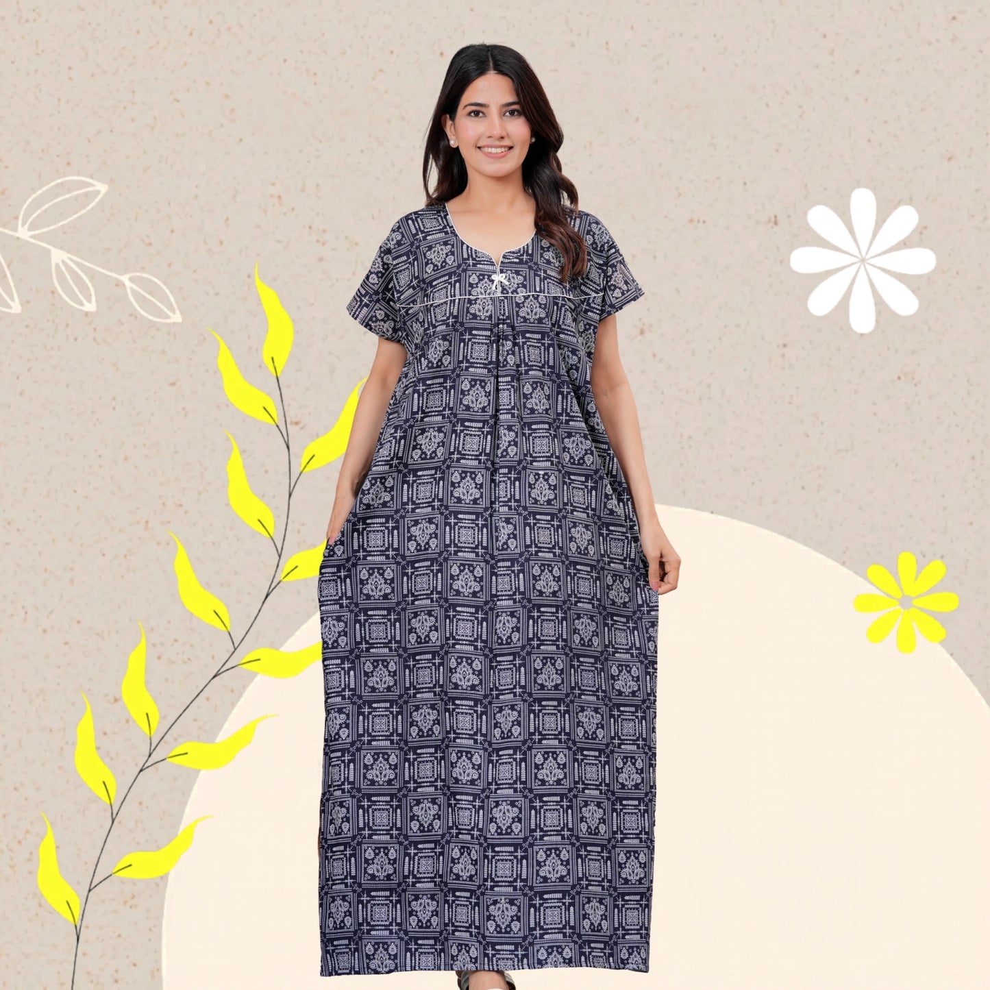 Women's Cotton Maxi Nighty, Geometric Print, Short Sleeve, Full Length Night Dress (Navy Blue, XL)