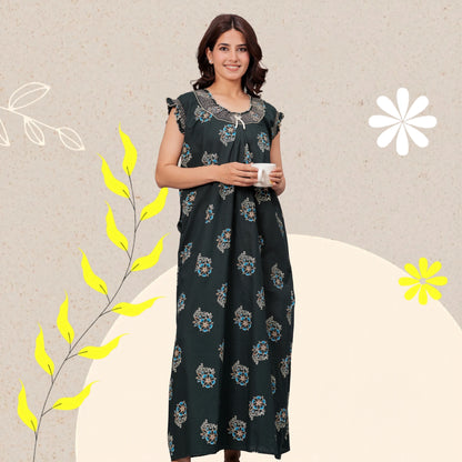 HARGUN NIGHT WEAR Cotton Nightgown for Women | Stylish Nighty Maxi Nightwear Floral Gown for Women Night Wear with Pocket (Green, XL)