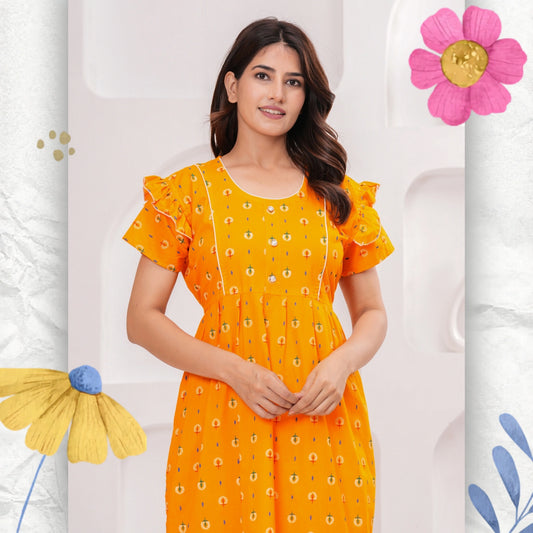 Frock Style Cotton Nightgown for Women (Yellow, XL)
