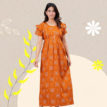 HARGUN NIGHT WEAR Women's Cotton Maxi Nighty, Printed, Ruffle Sleeves, Round Neck, All Day Comfort (MUSTERD, XL)