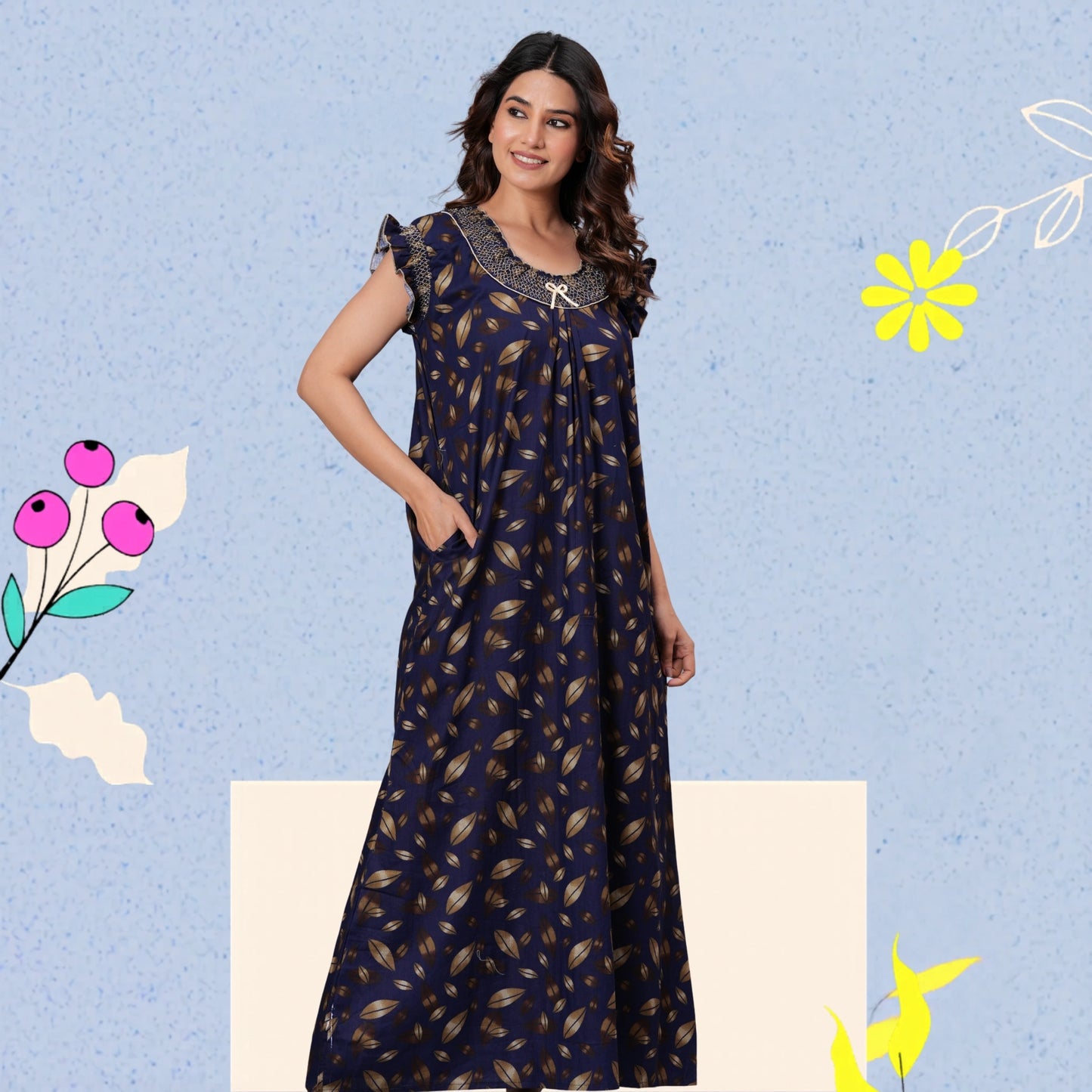 HARGUN NIGHT WEAR Women's Elegant Cotton Nightgown with Pocket & Embroidered Neck Design (Navy Blue, Free Size)