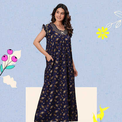 HARGUN NIGHT WEAR Women's Elegant Cotton Nightgown with Pocket & Embroidered Neck Design (Navy Blue, Free Size)