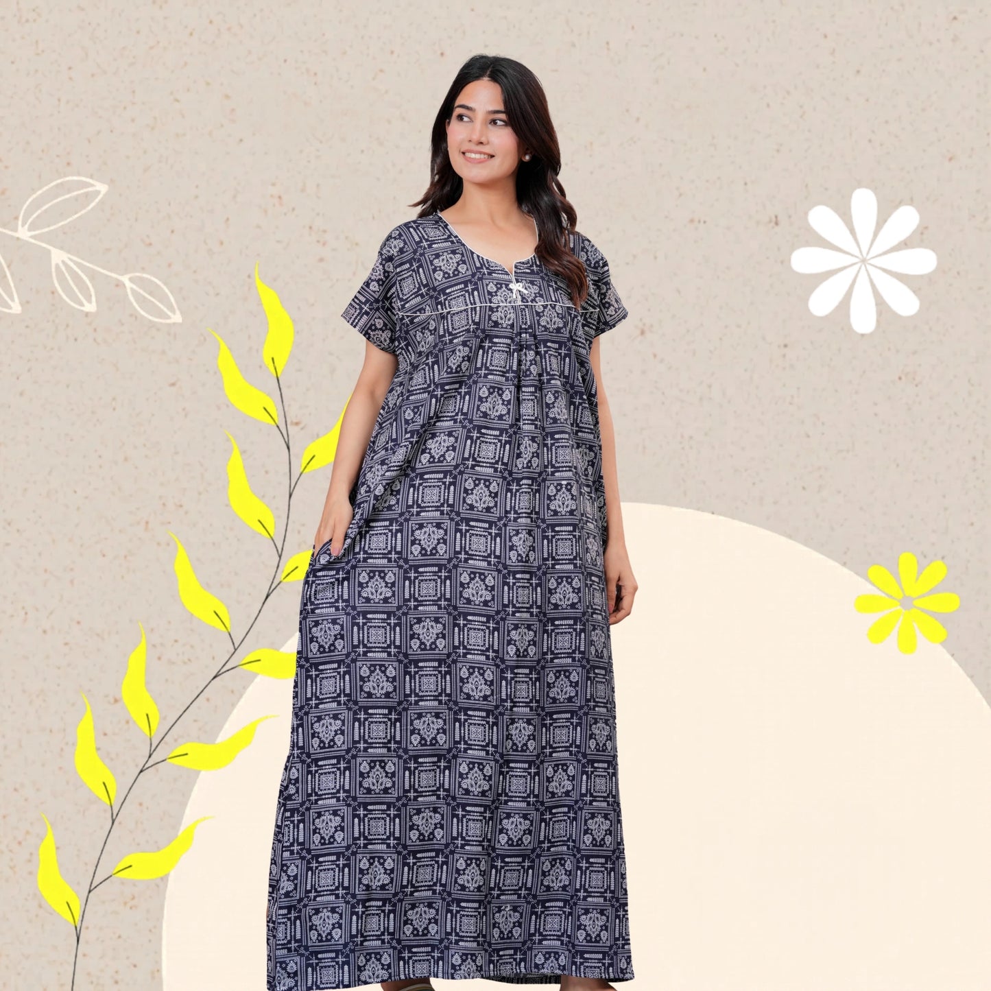 Women's Cotton Maxi Nighty, Geometric Print, Short Sleeve, Full Length Night Dress (Navy Blue, XL)
