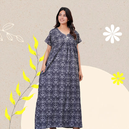 Women's Cotton Maxi Nighty, Geometric Print, Short Sleeve, Full Length Night Dress (Navy Blue, XL)