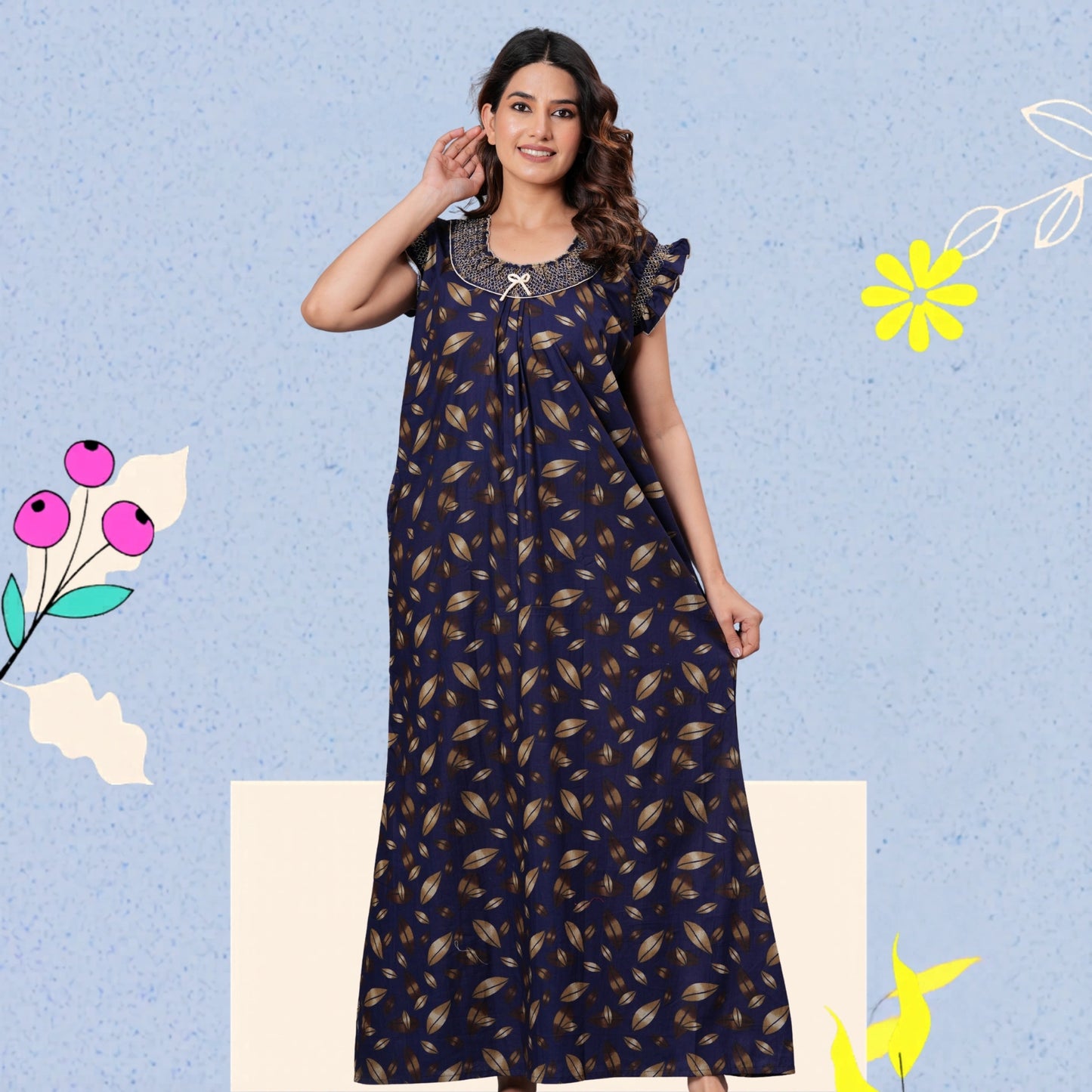 HARGUN NIGHT WEAR Women's Elegant Cotton Nightgown with Pocket & Embroidered Neck Design (Navy Blue, Free Size)