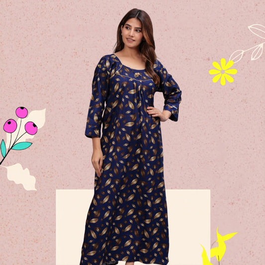 Full Sleeves Cotton Nightgown for Women(Navy Blue, XL)