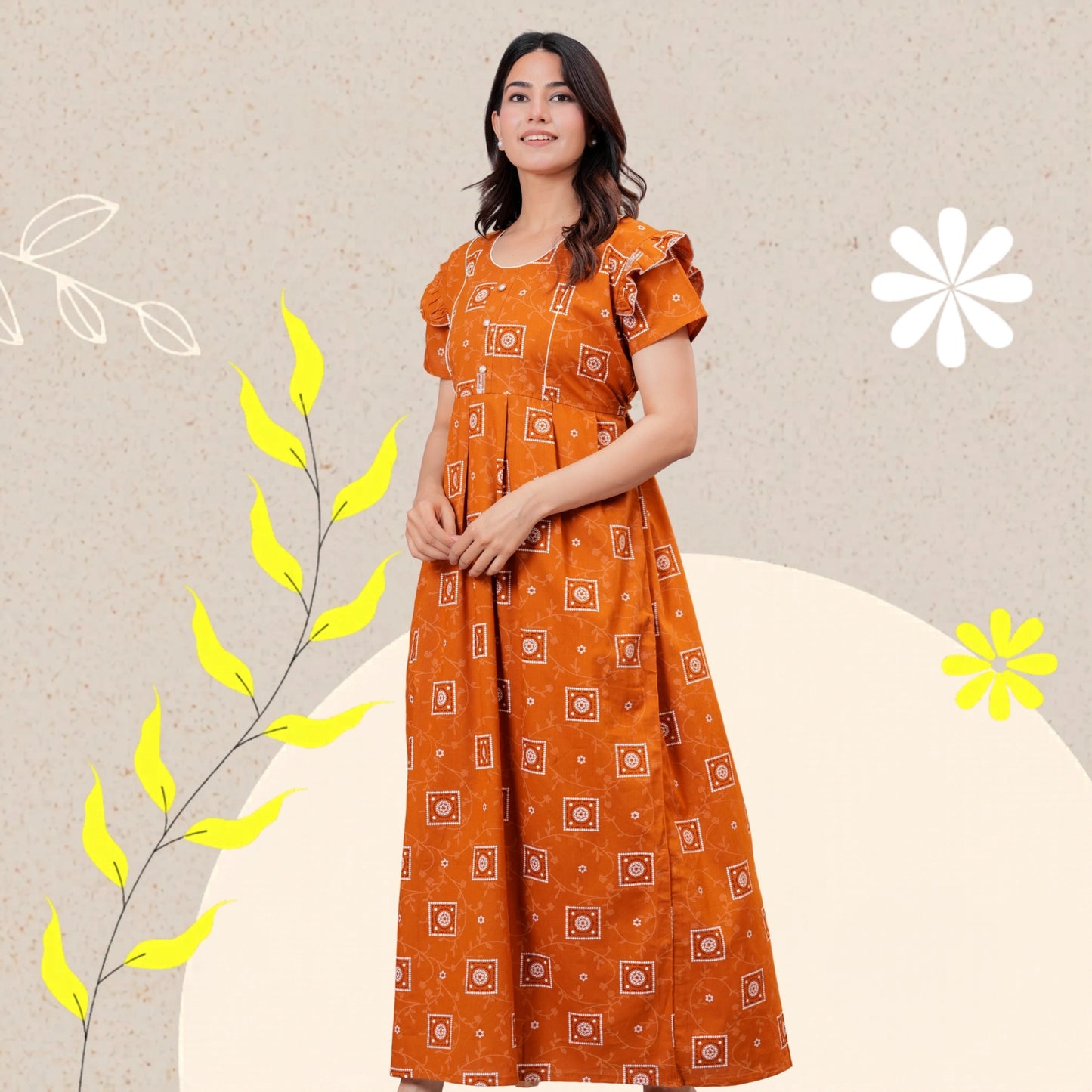 HARGUN NIGHT WEAR Women's Cotton Maxi Nighty, Printed, Ruffle Sleeves, Round Neck, All Day Comfort (MUSTERD, XL)