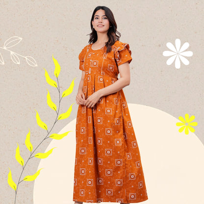 HARGUN NIGHT WEAR Women's Cotton Maxi Nighty, Printed, Ruffle Sleeves, Round Neck, All Day Comfort (MUSTERD, XL)