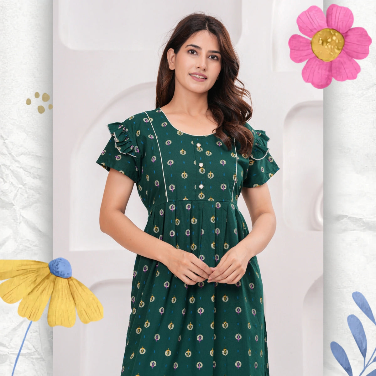 Frock Style Cotton Nightgown for Women (Yellow, XL)