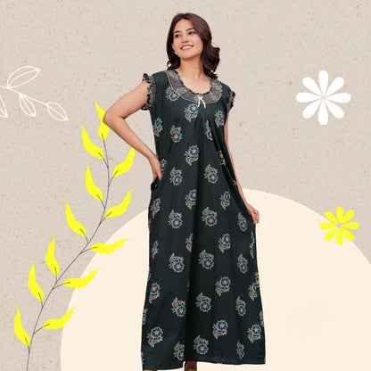 HARGUN NIGHT WEAR Cotton Nightgown for Women | Stylish Nighty Maxi Nightwear Floral Gown for Women Night Wear with Pocket (Green, XL)