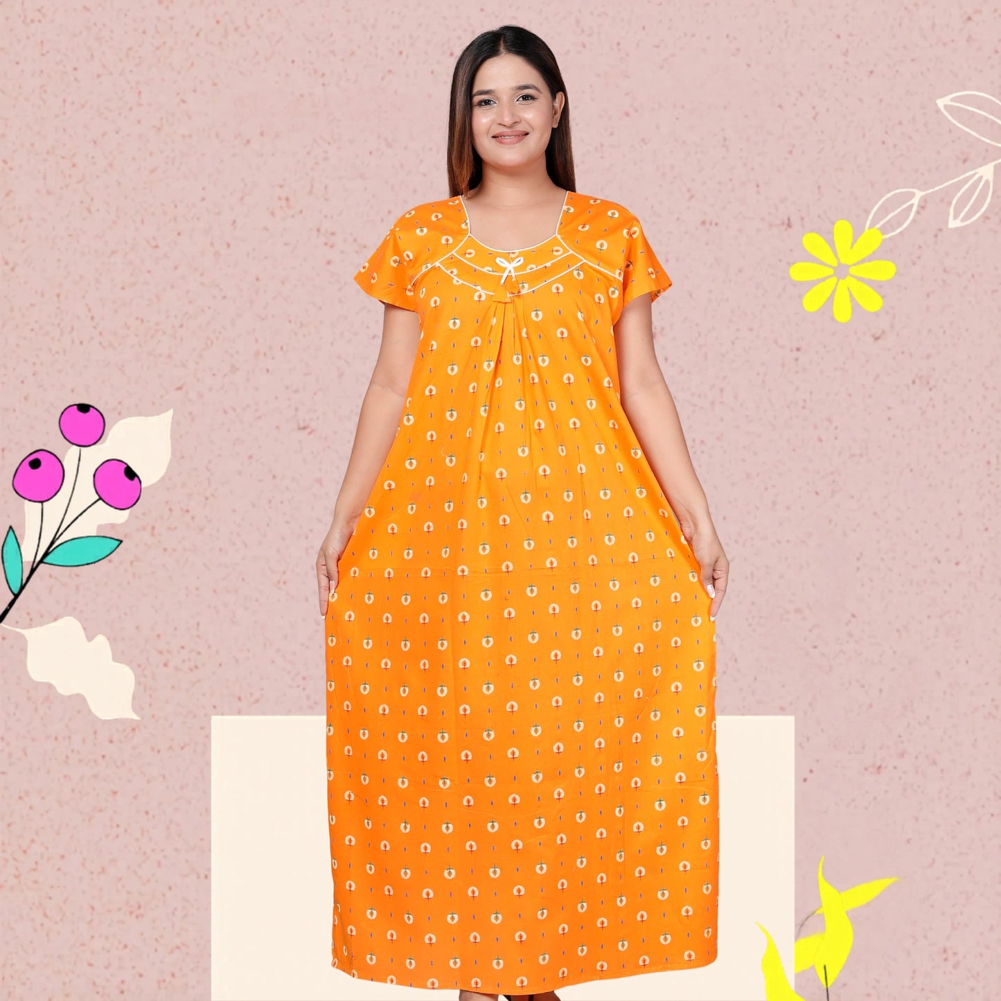 Women’s Pure Cotton Maxi Nighty – Soft Printed Night Dress for Daily Comfort (Yellow)