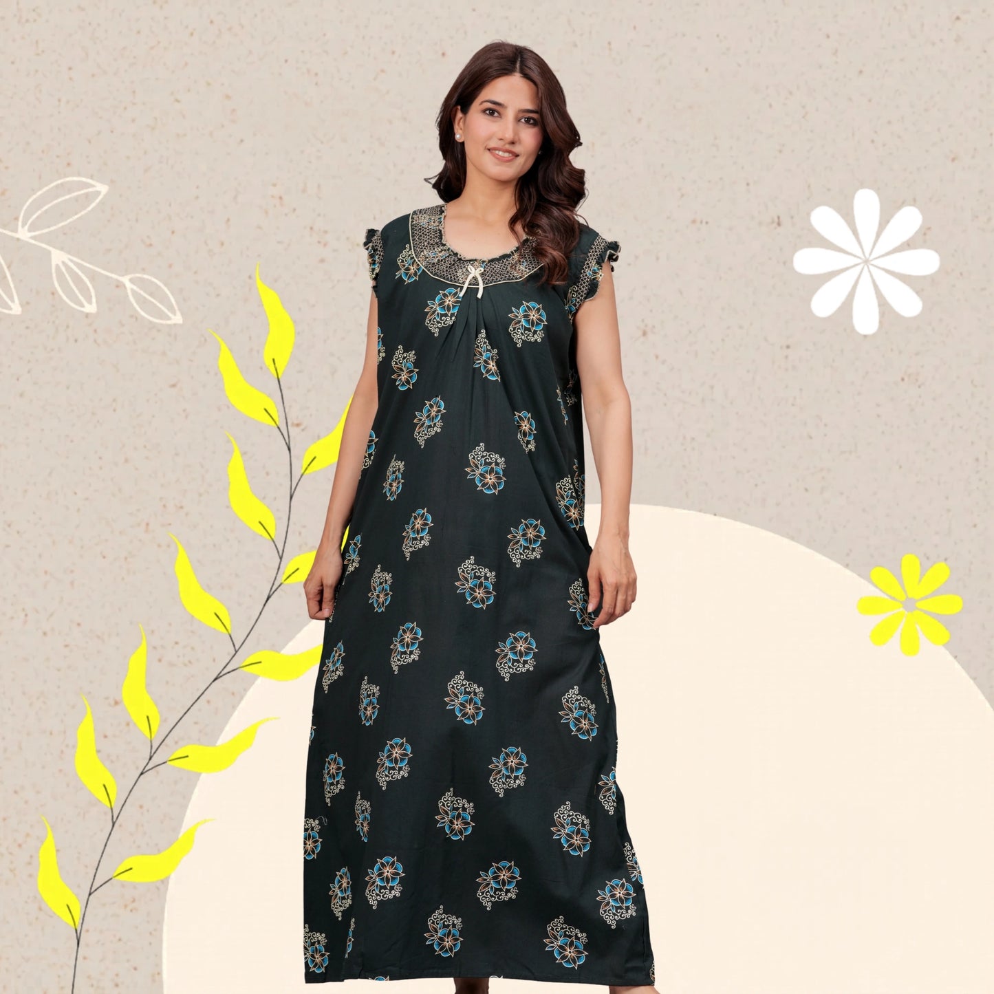 HARGUN NIGHT WEAR Cotton Nightgown for Women | Stylish Nighty Maxi Nightwear Floral Gown for Women Night Wear with Pocket (Green, XL)