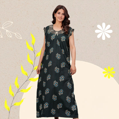 HARGUN NIGHT WEAR Cotton Nightgown for Women | Stylish Nighty Maxi Nightwear Floral Gown for Women Night Wear with Pocket (Green, XL)