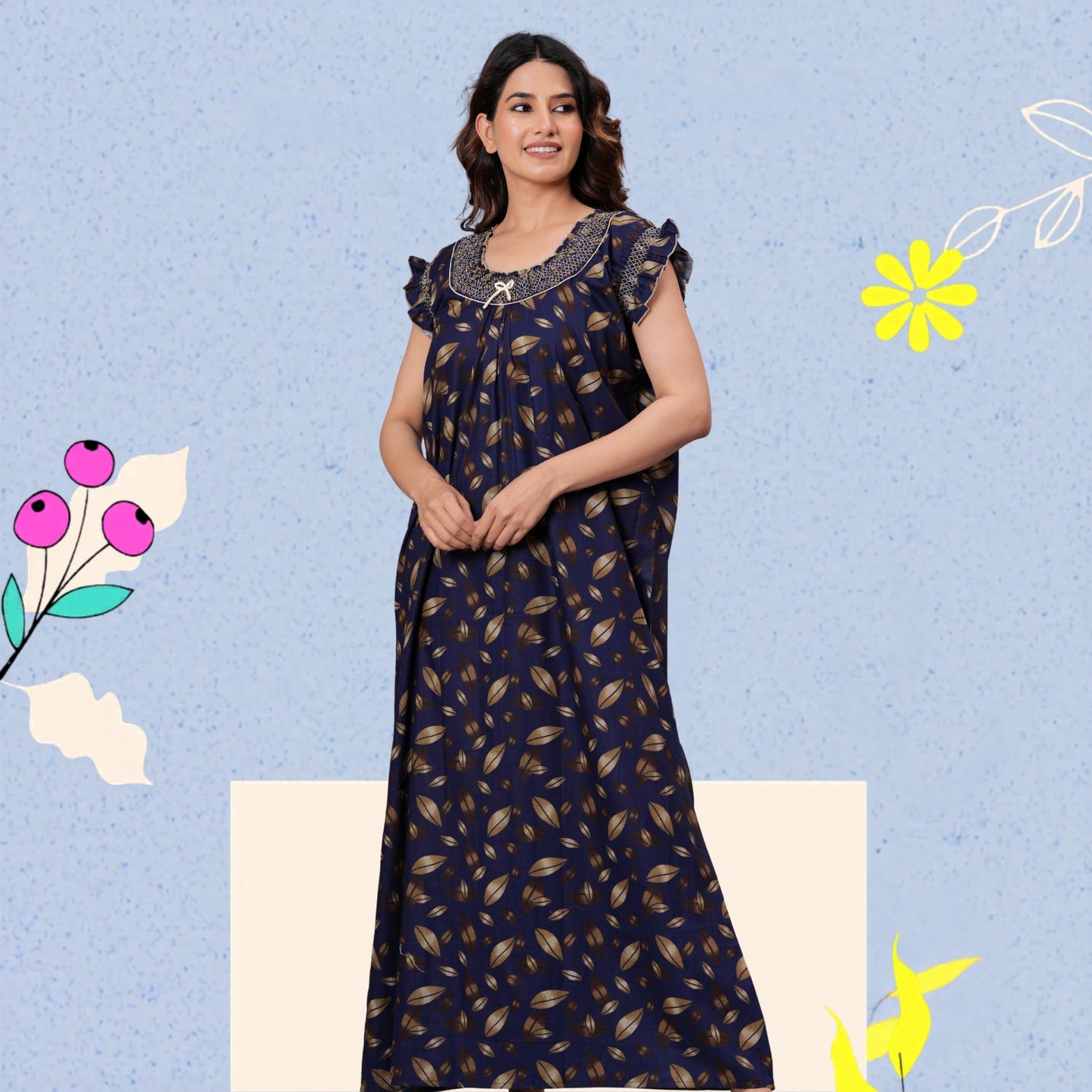 HARGUN NIGHT WEAR Women's Elegant Cotton Nightgown with Pocket & Embroidered Neck Design (Navy Blue, Free Size)