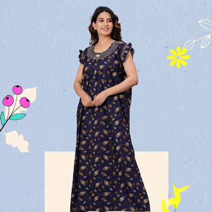 HARGUN NIGHT WEAR Women's Elegant Cotton Nightgown with Pocket & Embroidered Neck Design (Navy Blue, Free Size)