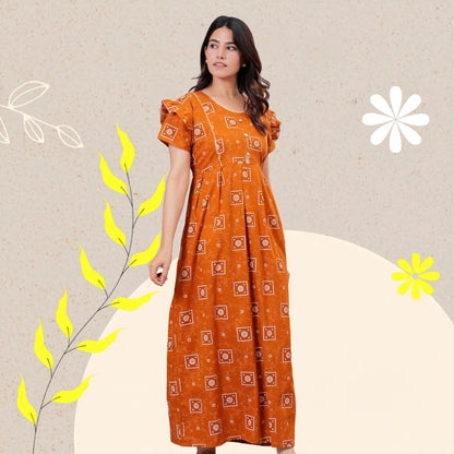 HARGUN NIGHT WEAR Women's Cotton Maxi Nighty, Printed, Ruffle Sleeves, Round Neck, All Day Comfort (MUSTERD, XL)