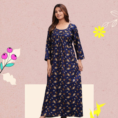 Full Sleeves Cotton Nightgown for Women(Navy Blue, XL)