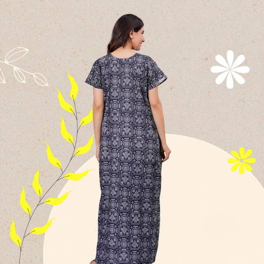 Women's Cotton Maxi Nighty, Geometric Print, Short Sleeve, Full Length Night Dress (Navy Blue, XL)