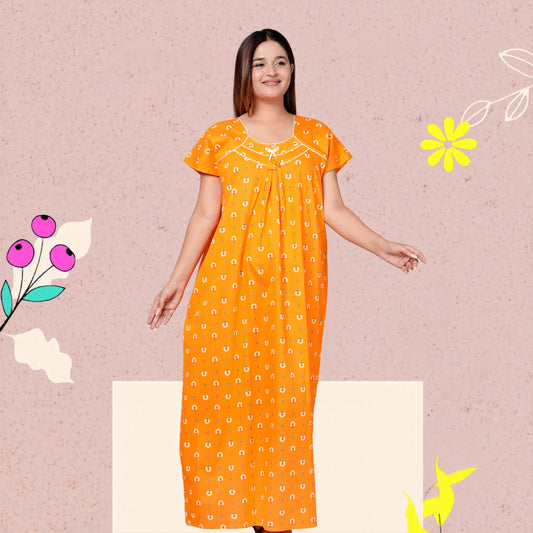 Women’s Pure Cotton Maxi Nighty – Soft Printed Night Dress for Daily Comfort (Yellow)