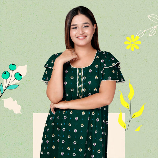 Dark Green Pure Cotton Printed Nighty Maxi with Side Pocket | Soft & Breathable Women’s Nightgown