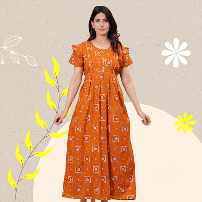 HARGUN NIGHT WEAR Women's Cotton Maxi Nighty, Printed, Ruffle Sleeves, Round Neck, All Day Comfort (MUSTERD, XL)