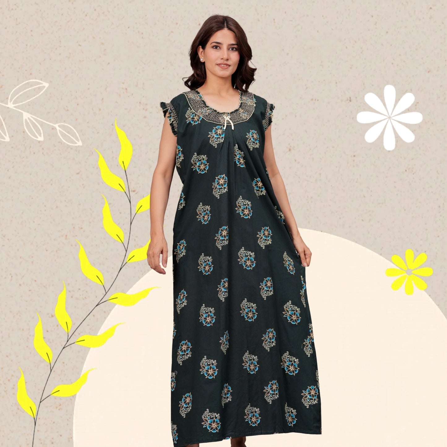 HARGUN NIGHT WEAR Cotton Nightgown for Women | Stylish Nighty Maxi Nightwear Floral Gown for Women Night Wear with Pocket (Green, XL)
