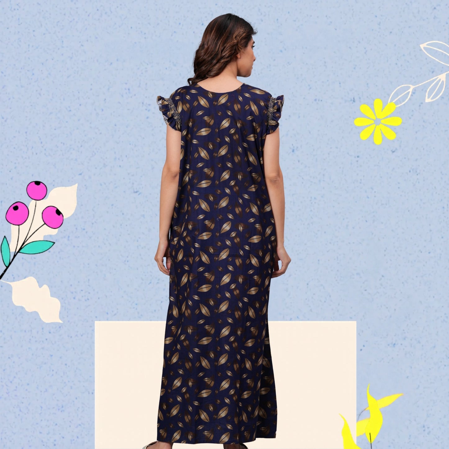 HARGUN NIGHT WEAR Women's Elegant Cotton Nightgown with Pocket & Embroidered Neck Design (Navy Blue, Free Size)