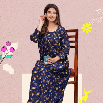 Full Sleeves Cotton Nightgown for Women(Navy Blue, XL)