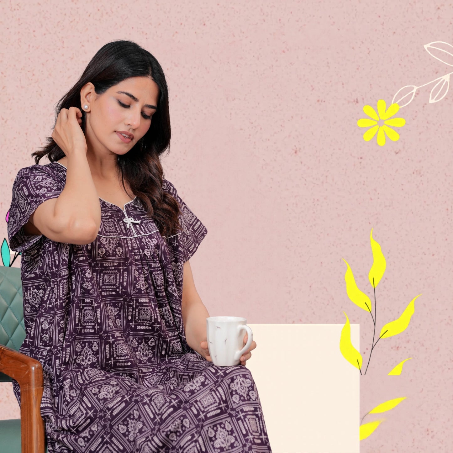 Women's Cotton Maxi Nighty, Geometric Print, Short Sleeve, Full Length Night Dress (Purple, XL)