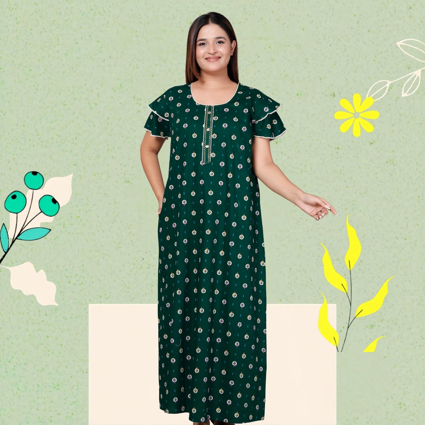 Dark Green Pure Cotton Printed Nighty Maxi with Side Pocket | Soft & Breathable Women’s Nightgown