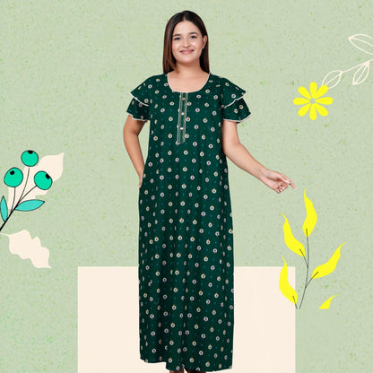 Dark Green Pure Cotton Printed Nighty Maxi with Side Pocket | Soft & Breathable Women’s Nightgown