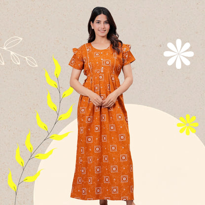HARGUN NIGHT WEAR Women's Cotton Maxi Nighty, Printed, Ruffle Sleeves, Round Neck, All Day Comfort (MUSTERD, XL)