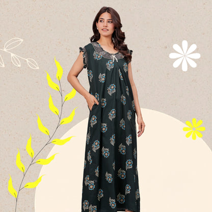 HARGUN NIGHT WEAR Cotton Nightgown for Women | Stylish Nighty Maxi Nightwear Floral Gown for Women Night Wear with Pocket (Green, XL)