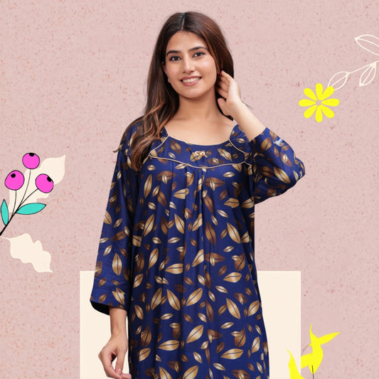 Full Sleeves Cotton Nightgown for Women(Navy Blue, XL)